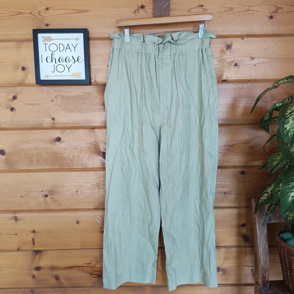 Gianni Bini Paper Bag High Rise Linen Blend Twill Pant Straight Coastal Preppy M